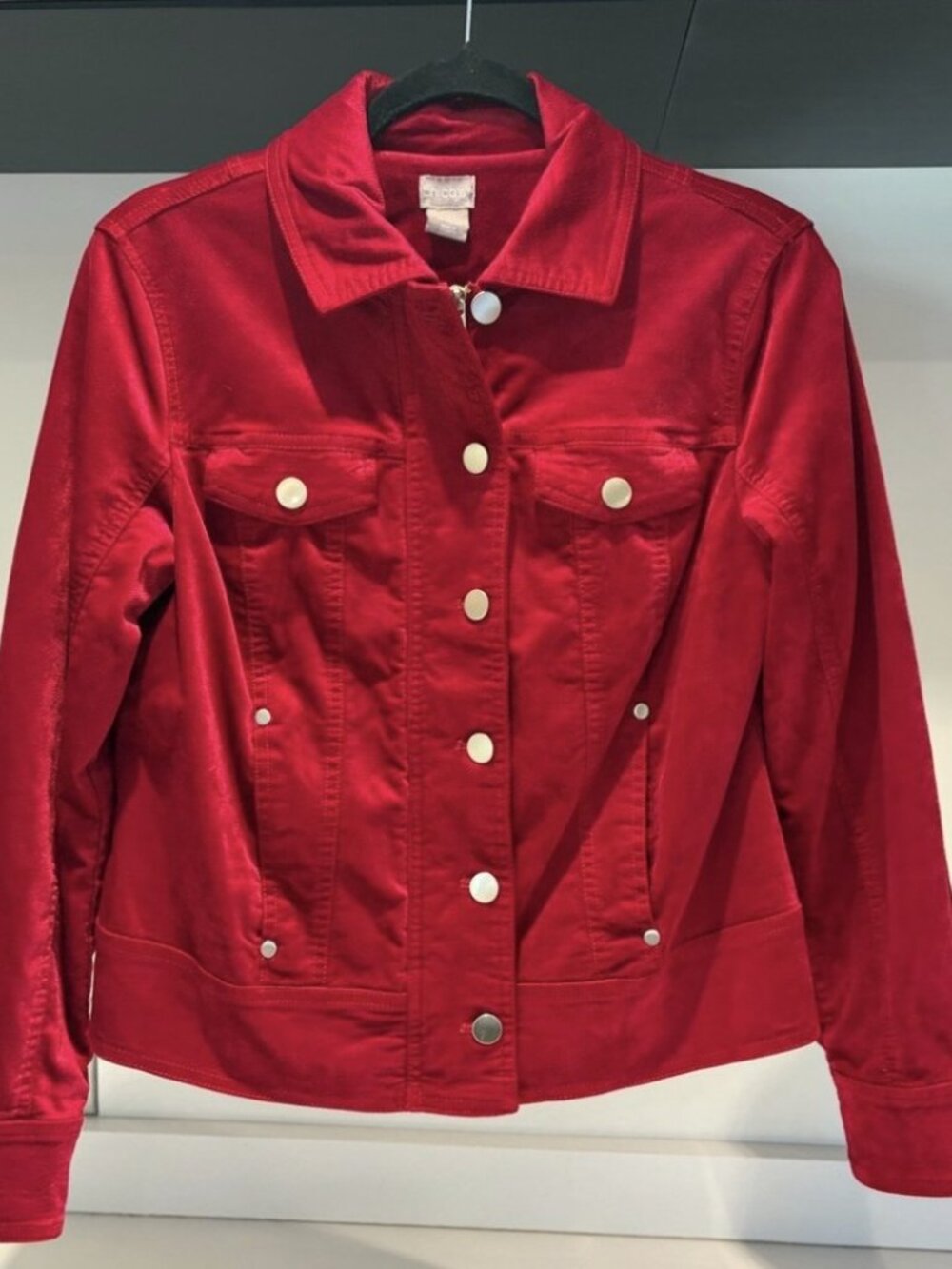 Chico's Vintage Ruby Red Velveteen Denim-Style Moto Jacket Y2K size 2P US 12  L
